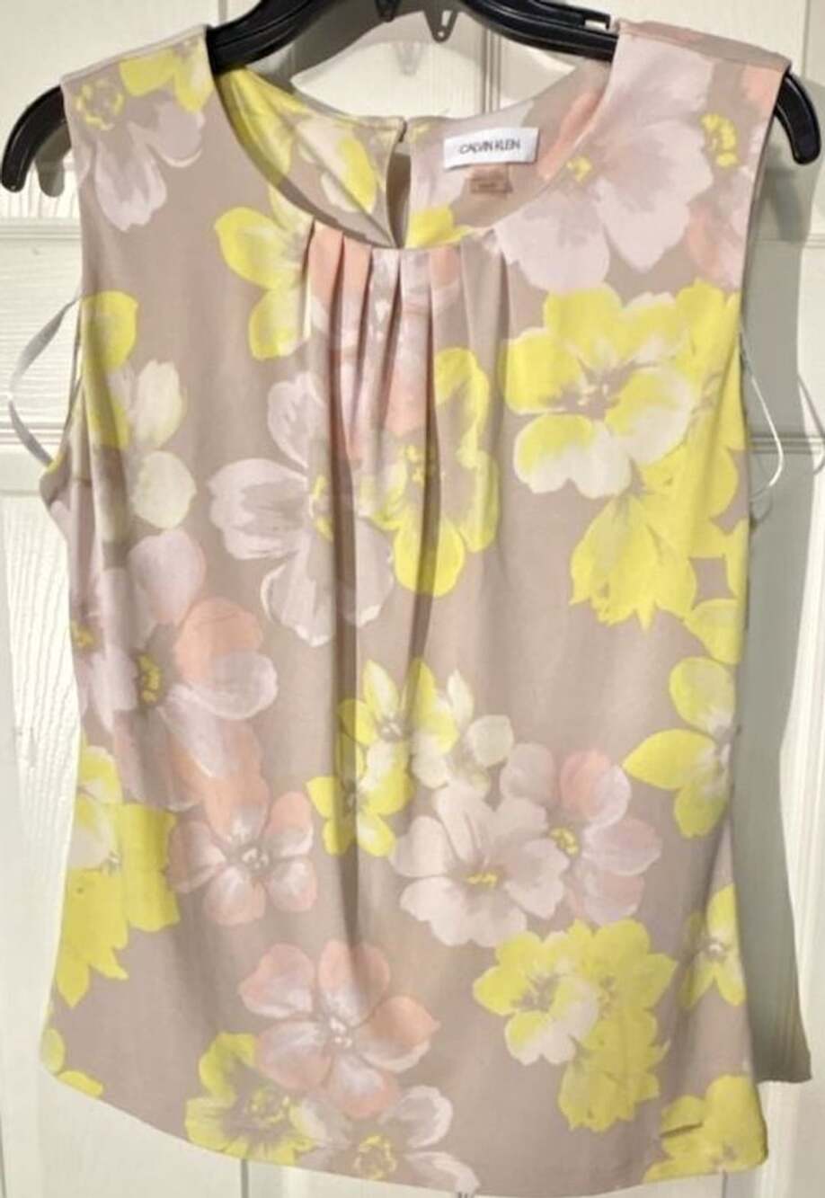 Calvin Klein Floral Pleated Chiffon Top Size M Yellow Pink Sleeveless Blouse